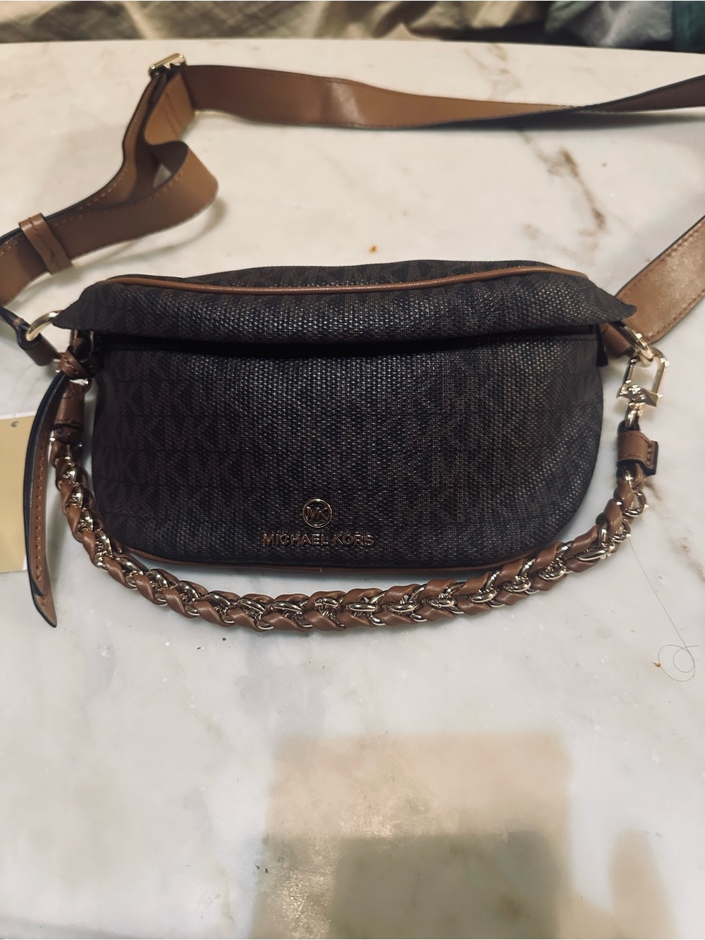 Michael Kors Dark Brown Logo Waist Bag with Tan Chain Accent